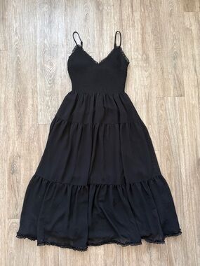 Aritzia Wilfred Black Smocked Tiered Dress